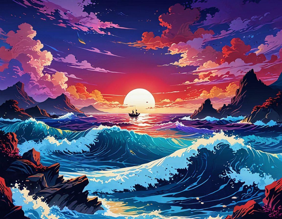 A serene yet vibrant ocean scene, symbolizing the controversial waters of adult anime. Include stylized waves with hints of vibrant colors reflecting the dual nature of the genre. Add diverse anime characters of different styles engaged thoughtfully, showcasing understanding and analysis. Subtle icons like film reels and discussion bubbles scattered around to represent appeal and impact. surrealism. vibrant colors. dynamic composition.