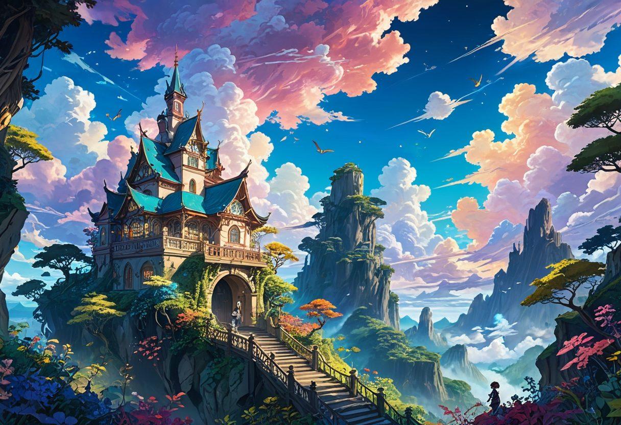 An artistic representation of a whimsical anime-inspired world, filled with colorful, ethereal landscapes featuring fantasy creatures and playful characters in suggestive, yet tasteful poses. The scene should blend vibrant colors and intricate details, portraying elements of adult themes without explicitness. Incorporate a dreamy sky with whimsical clouds, and elements of both seduction and humor. anime art style. vibrant colors. fantasy theme.