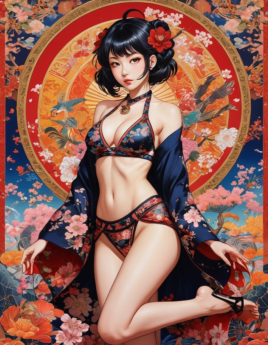 A captivating scene blending graphic artistry with themes of fetish exploration, showcasing a diverse array of characters in vibrant, dynamic poses. The background features intricate patterns that reflect Japanese aesthetics, adorned with pop culture elements like anime scenes and symbols of sensuality. Emphasize bright colors to evoke excitement and curiosity. The overall composition should feel energetic and immersive, inviting the viewer to dive into the tapestry of hentai. vibrant colors. anime style. intricate details.